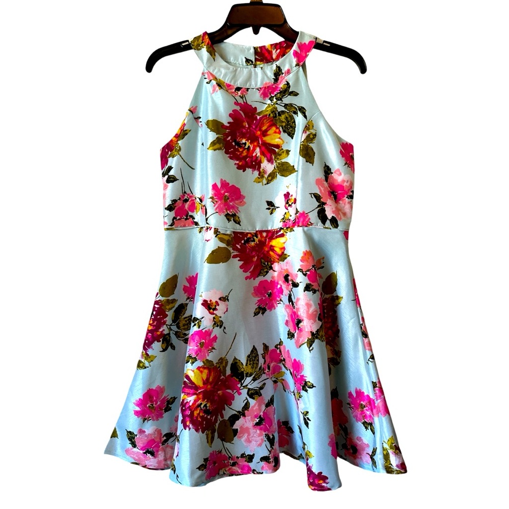 NWT Zenzi Blue Floral Halter Neck Sleeveless Dress Girls XL - 14/16